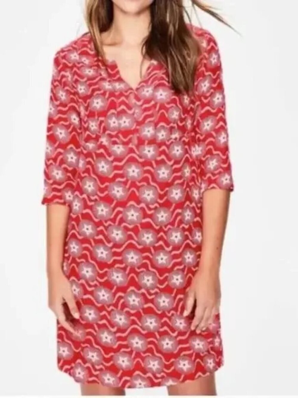 Boden 100% Linen Red And White Star Tunic Shift Dress Patriotic 4th of July 6R